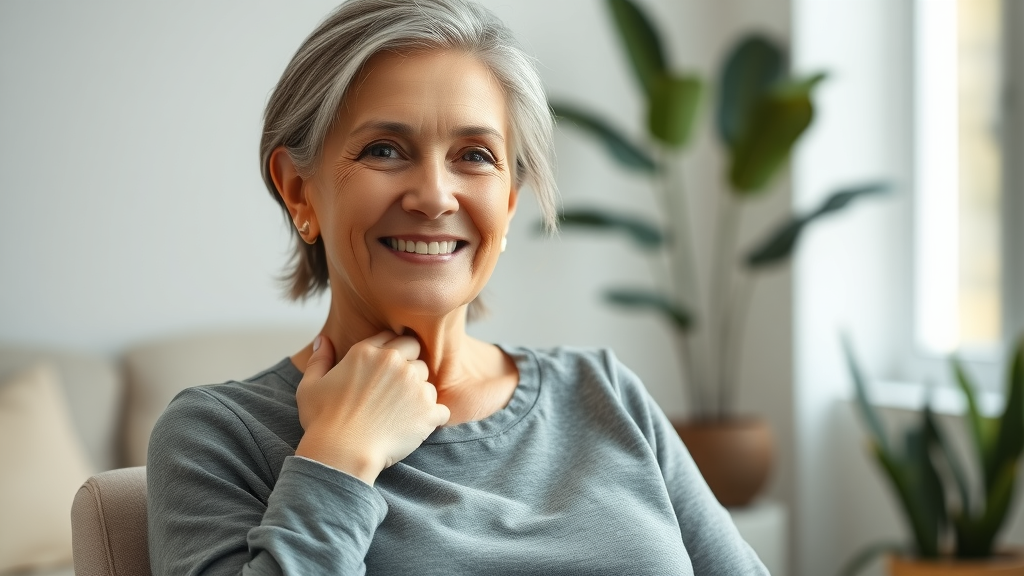 Middle-aged woman finds neck pain relief in clinic, calm and comfortable.