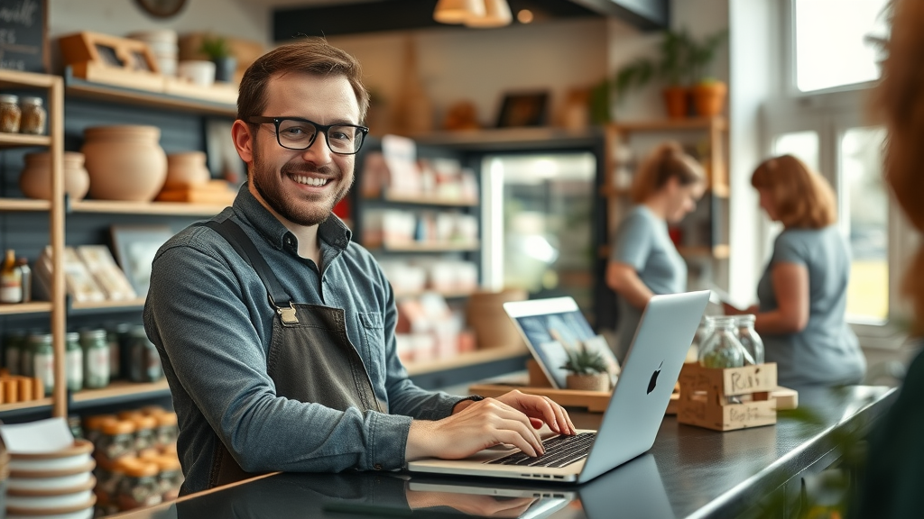 Liskeard shopkeeper updating web design liskeard site in welcoming store