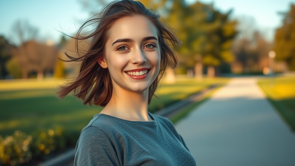 Young woman enjoys neck pain relief with renewed movement outdoors.