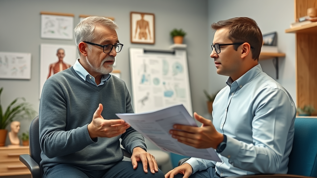 Expert chiropractor discussing a tailored back pain treatment with patient.