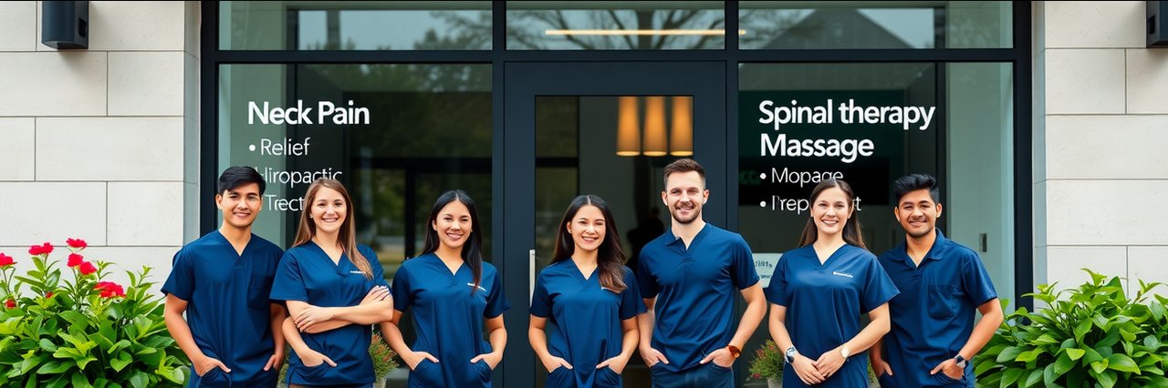 Clinic staff smiling outside modern clinic offering neck pain relief services