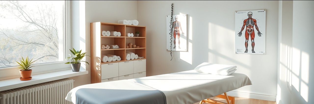 Modern sports chiropractic therapy room with treatment table and soft natural lighting.