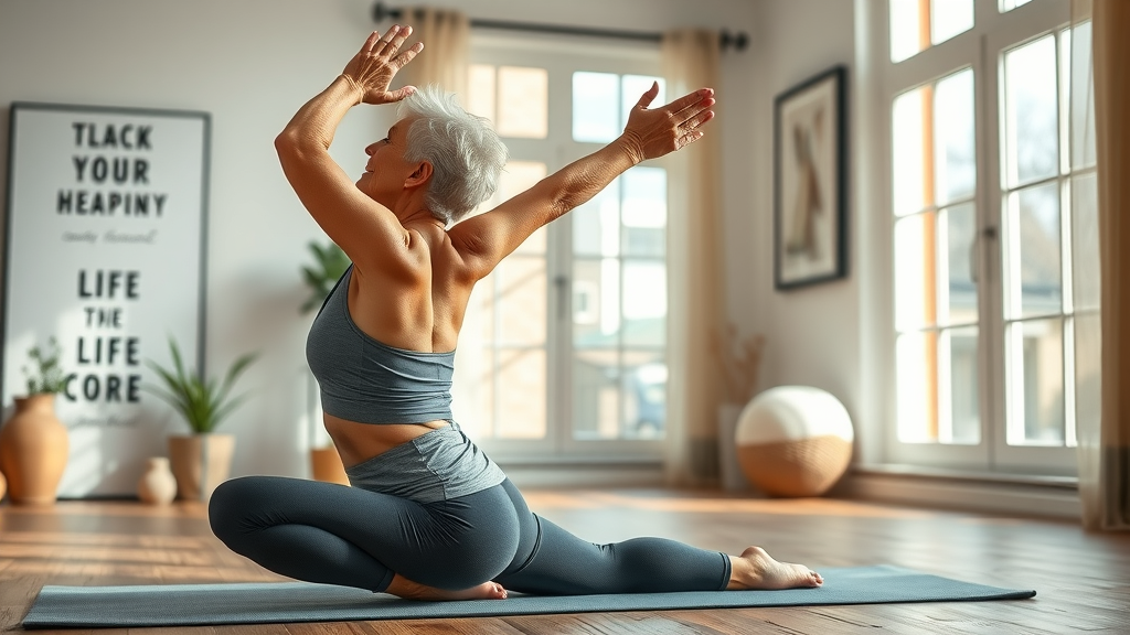 Active older woman stretching during back pain treatment exercise