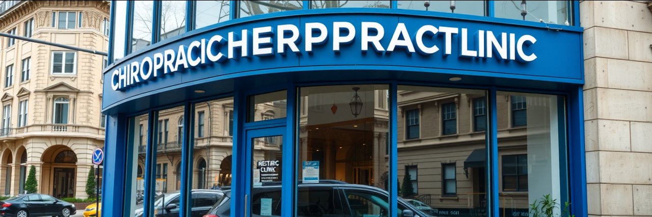 Chiropractic clinic storefront offering soft tissue therapy with glass window and blue trim.