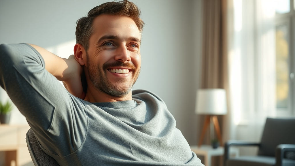 Man practices neck pain relief stretches at home, feeling relaxed and refreshed.