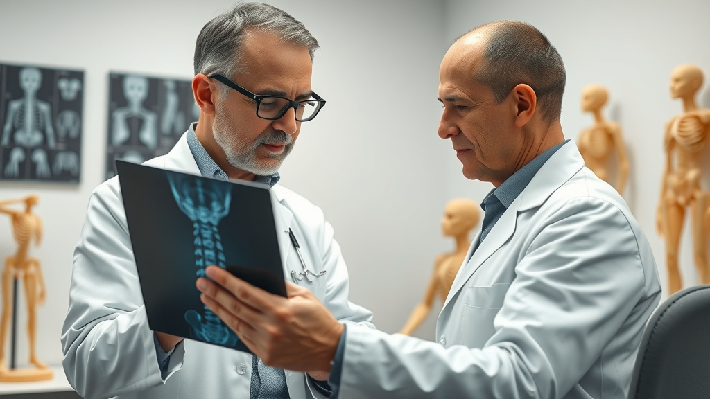 Chiropractor explains pain relief options for lasting comfort in a bright clinic room.