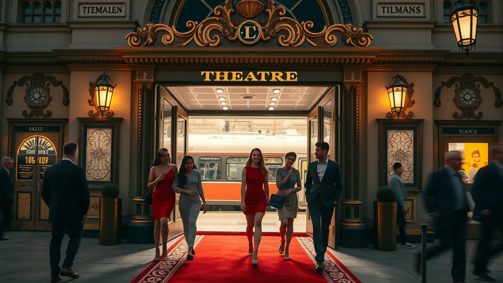 Friends arriving for theatre show with rail package at UK theatre entrance