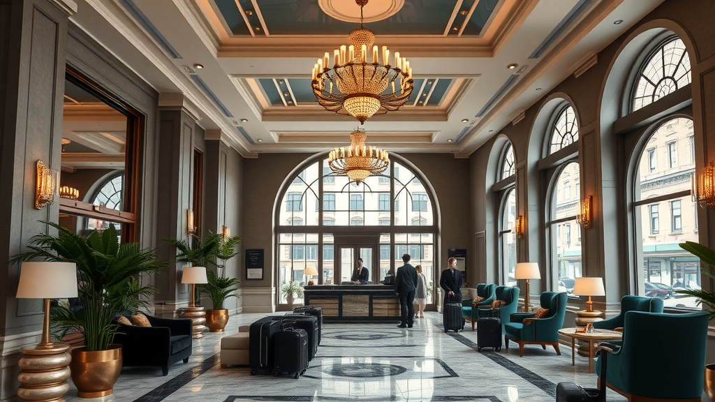 Modern luxury urban hotel lobby with guests checking in, elegant décor, city view