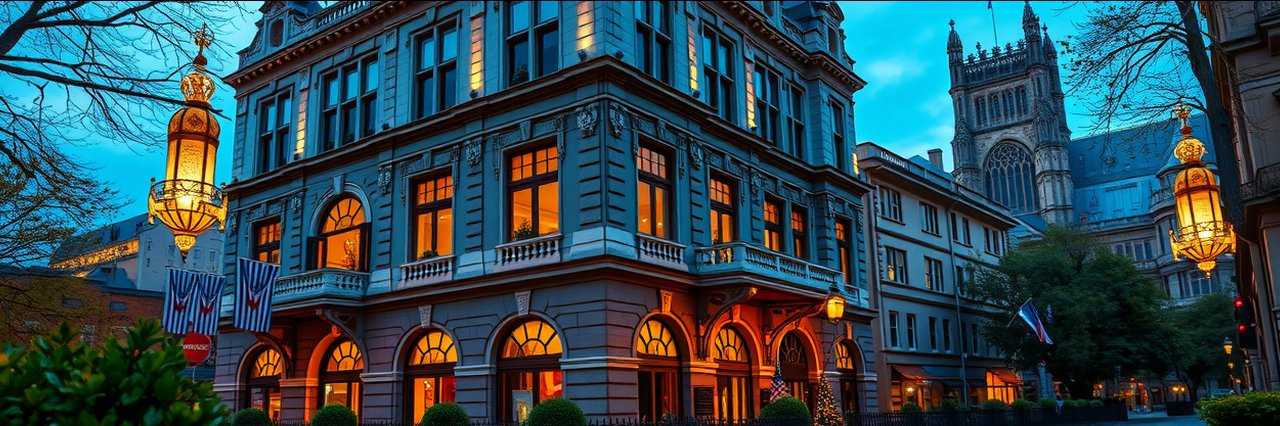Elegant historic hotel lit up at twilight, ideal for on-site steakhouse dining.