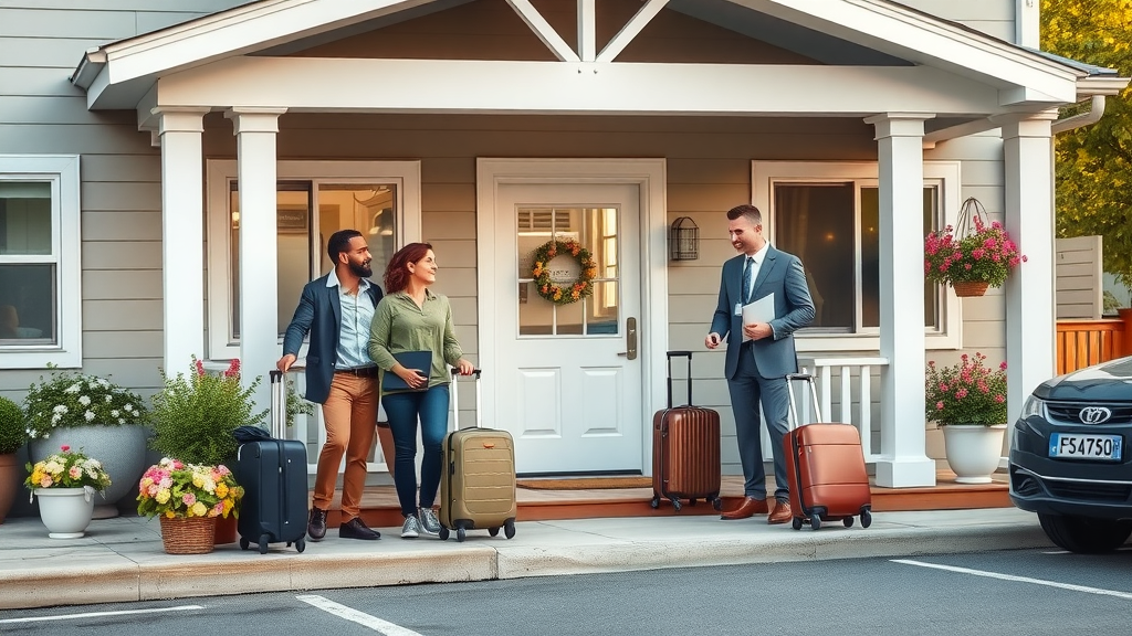 Travelers receiving parking permits at guest house entrance on city street