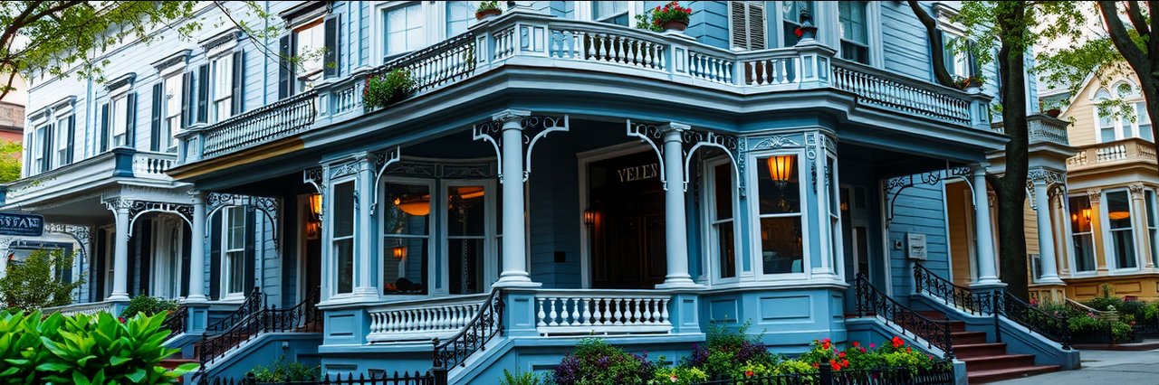 Victorian ensuite rooms in elegant townhouse with classic blue-white exterior