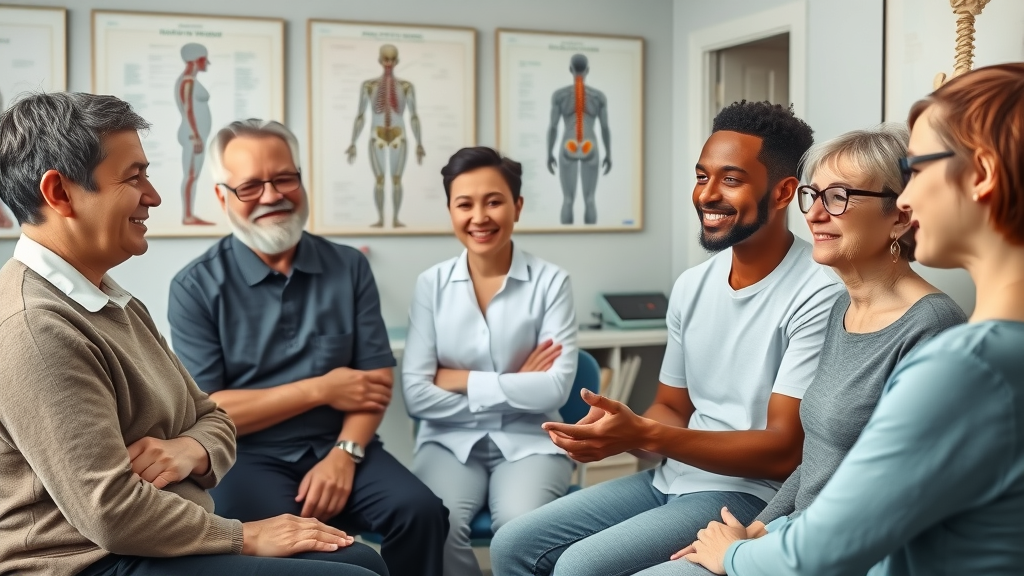 A diverse group of patients of different ages consulting with a chiropractor in Exeter about back, neck, and posture symptoms, in a detailed exam room