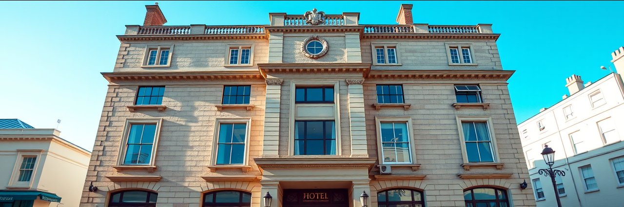 mannings hotel truro historic stone facade with crest and blue sky