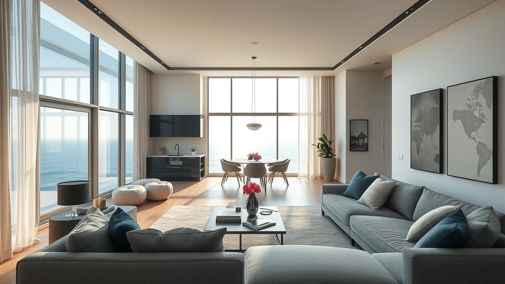 Luxury serviced apartment living room with plush furnishings and ocean view