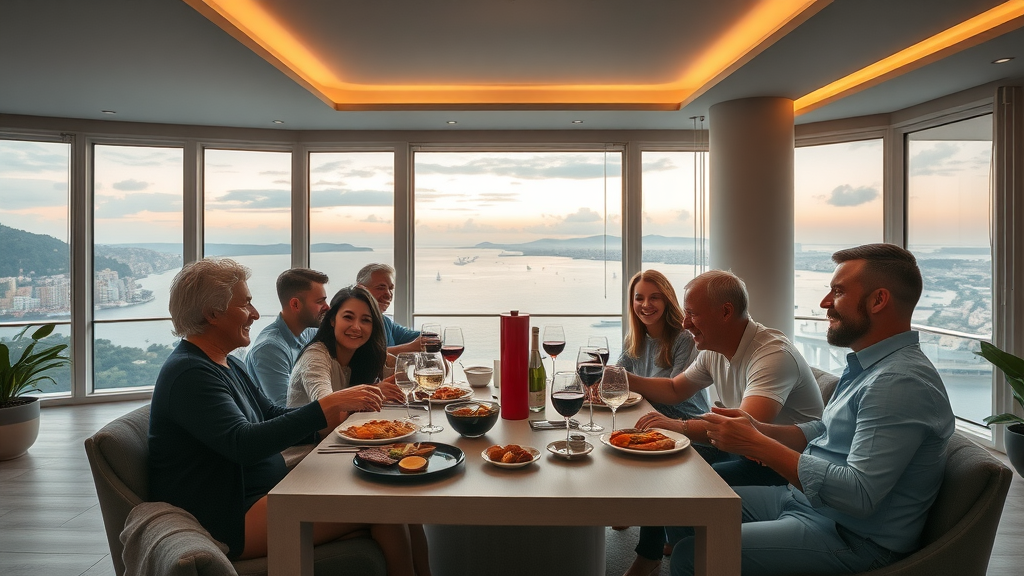 Friends dining together in a premium self catering accommodation with city views