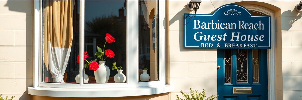 Barbican Reach guest house exterior with sign, ideal for parking permits guest house.