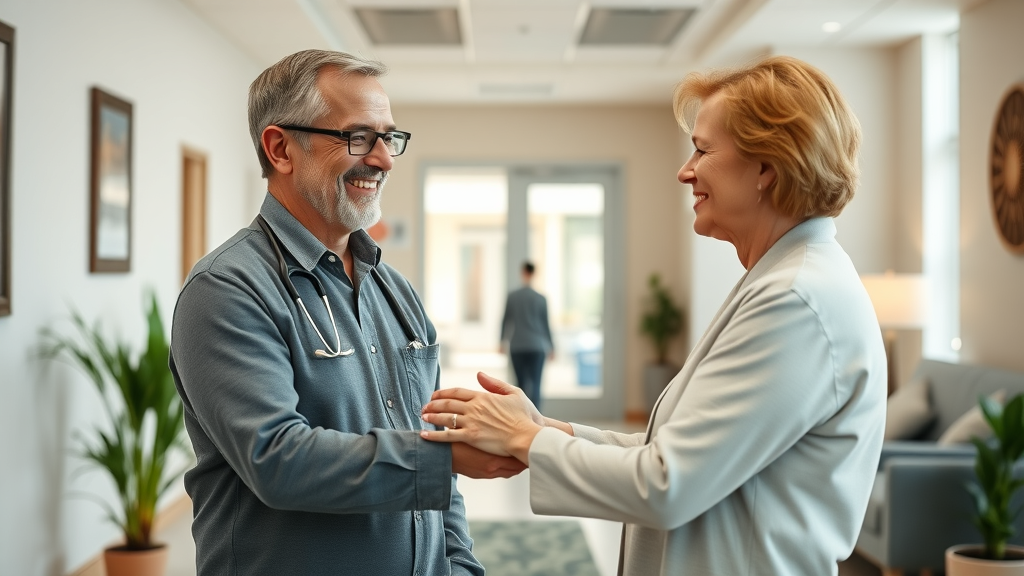 Warm, welcoming chiropractic clinic interior in Exeter, smiling chiropractor greeting mature patient at entrance, natural daylight, supportive body language