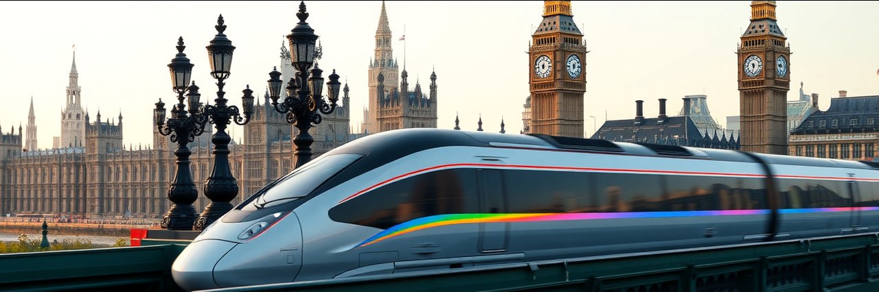 Modern train on London bridge with Big Ben, theatre and rail packages scene.
