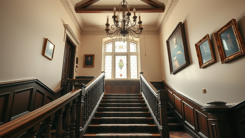 Grand staircase in Georgian hotel with chandelier and elegant period detail