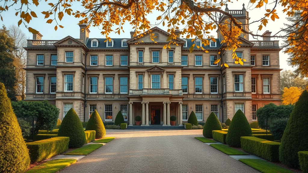 Elegant Georgian hotel manor in autumn with historic architecture and gardens