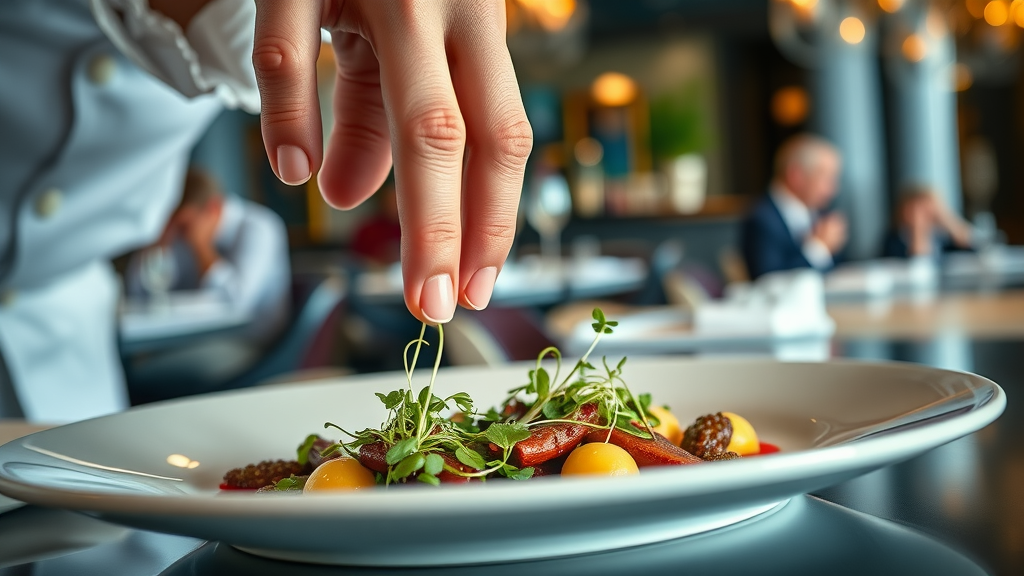 Chef finishing gourmet AA rosette dish in luxurious restaurant setting.