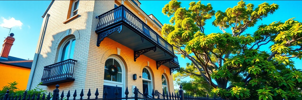 Victorian guest house Plymouth with yellow facade and ornate balcony under blue sky