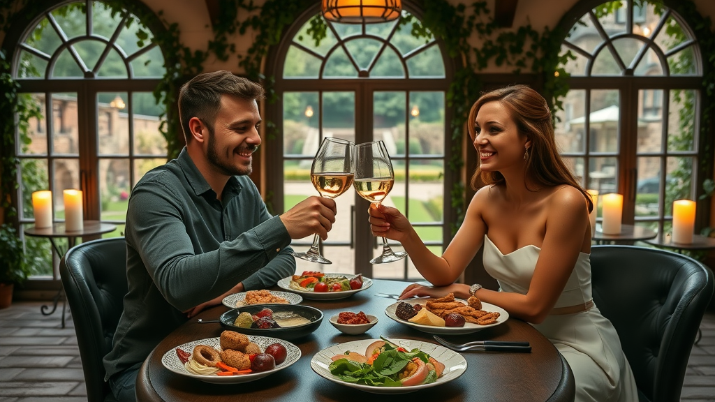 Couple enjoying AA rosette dining by historic windows with gourmet cuisine.
