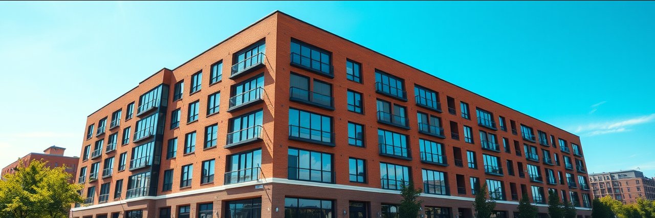 Luxury serviced apartments in modern red-brick building under blue sky