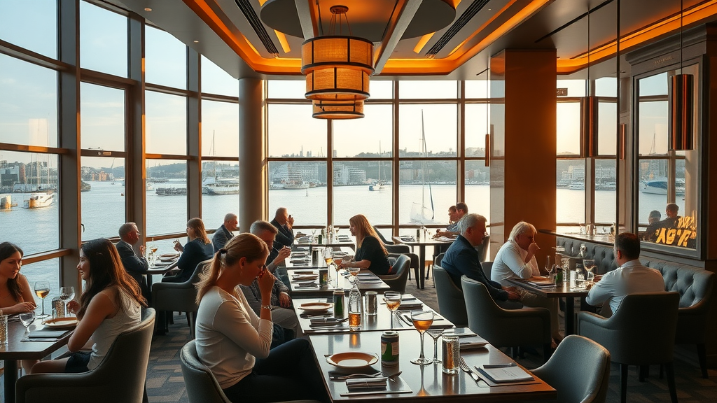 Boutique hotel Bristol restaurant with guests dining and harbourside views