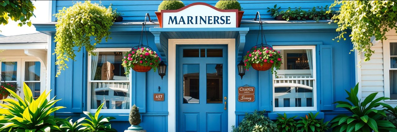 Charming Mariners Guest House exterior with blue accents and lush plants