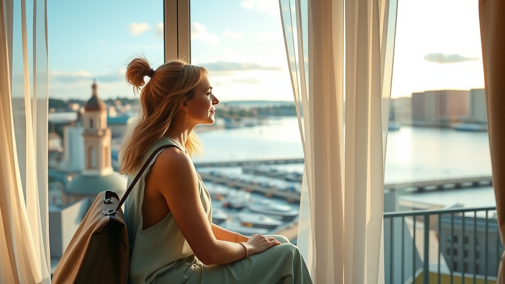Woman relaxing in luxury self catering accommodation overlooking Plymouth coastline