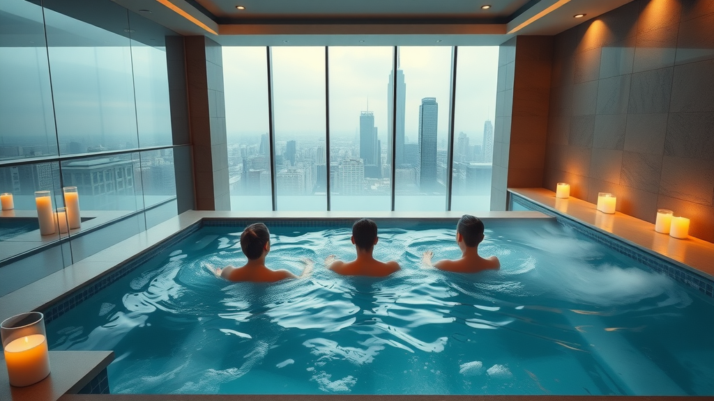 Luxury urban hotel spa with jacuzzi, soothing lighting, and city view