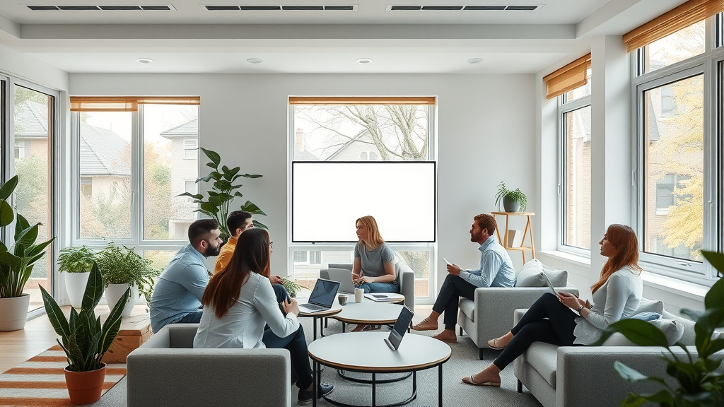 Hybrid meeting facilities with in-person and remote participants in a stylish, modern space