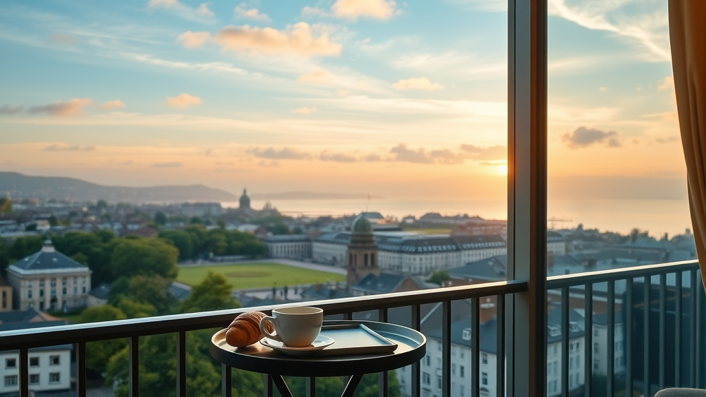 Beautiful central Plymouth accommodation balcony view of city landmarks at sunrise