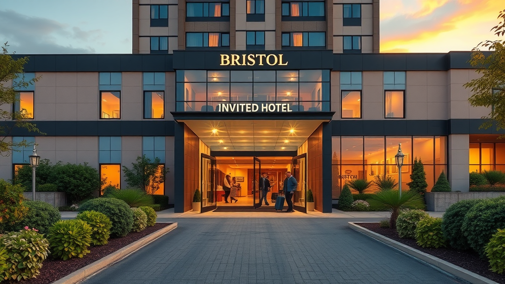 Inviting Bristol hotel accommodation exterior at sunset with welcoming lighting.