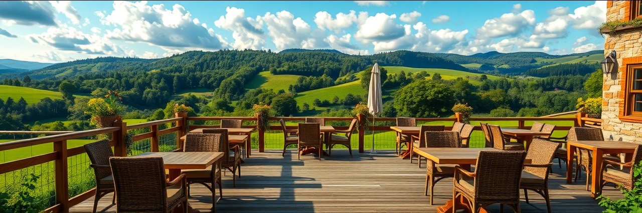 Dog friendly pub terrace with countryside view and outdoor seating