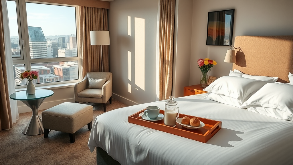 Cozy Bristol hotel accommodation room with breakfast and city view.