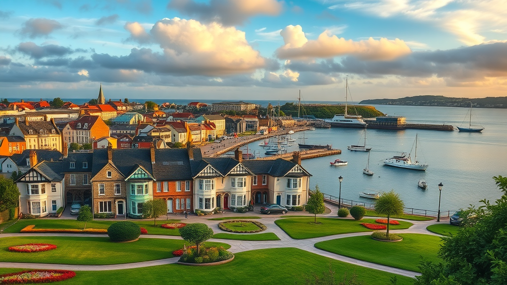 Picturesque Plymouth Hoe and guest houses in golden hour light