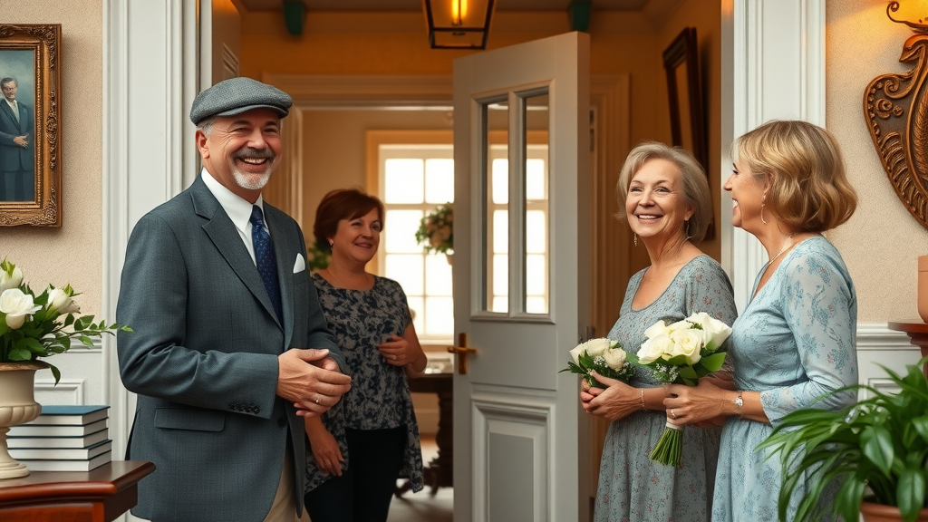 Friendly host welcoming guests at Plymouth guest house entrance
