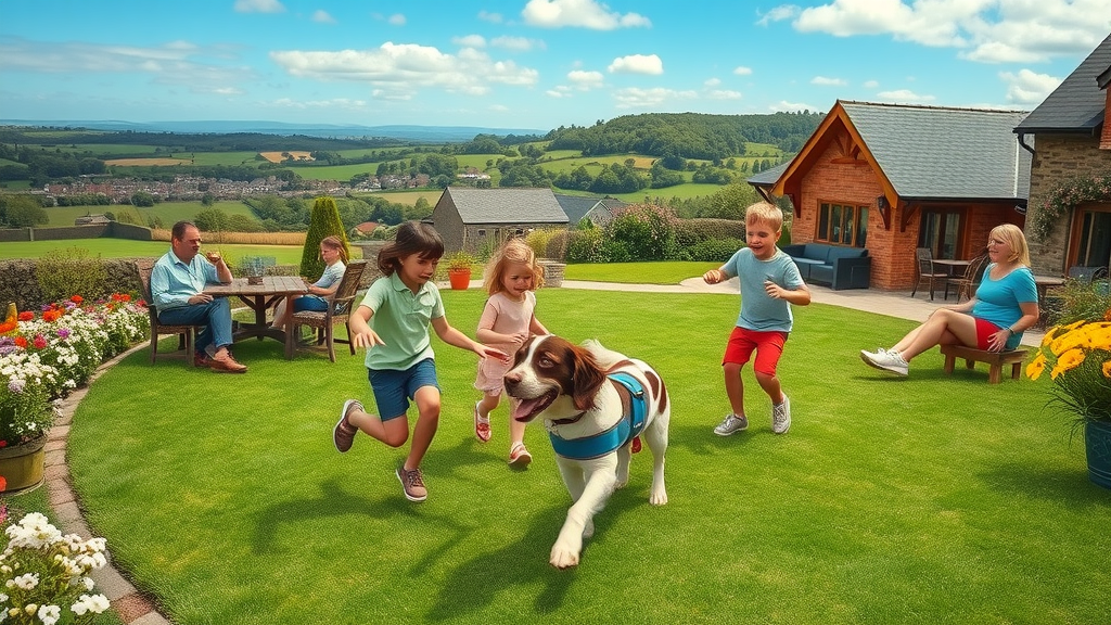 Dog friendly pub beer garden with kids playing and pet spaniel in Cornwall