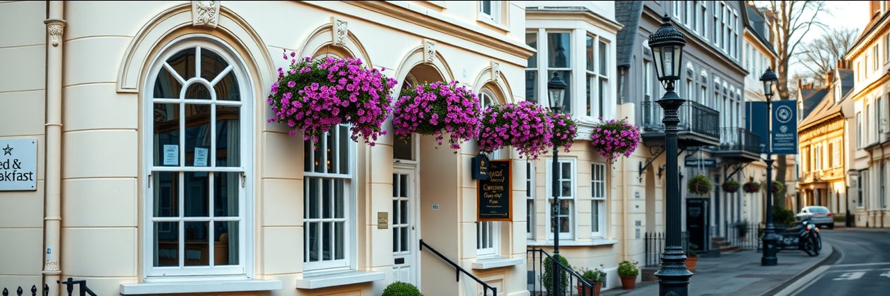 Charming Plymouth guest accommodation exterior with flowers and bed & breakfast sign