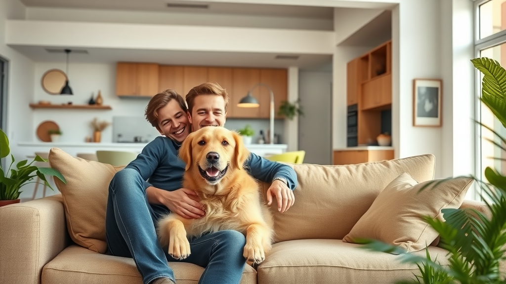 Pet-friendly luxury serviced apartment lounge with couple and dog