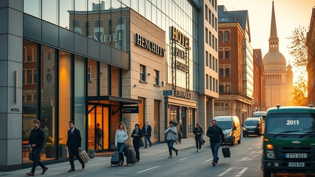 Modern central Plymouth accommodation hotel exterior with city life activity at sunset