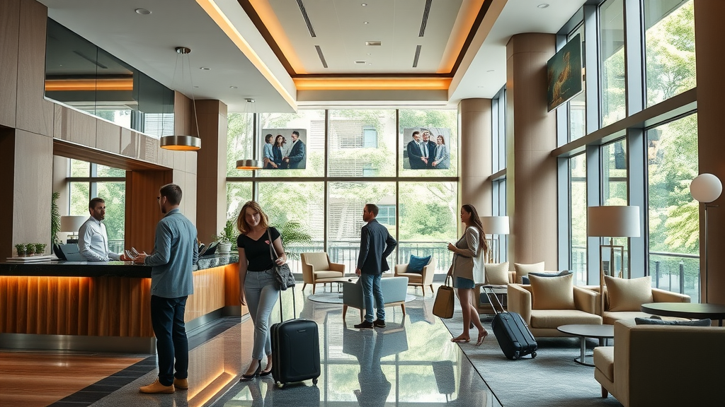 Modern Bristol hotel accommodation lobby with friendly staff and guests arriving.