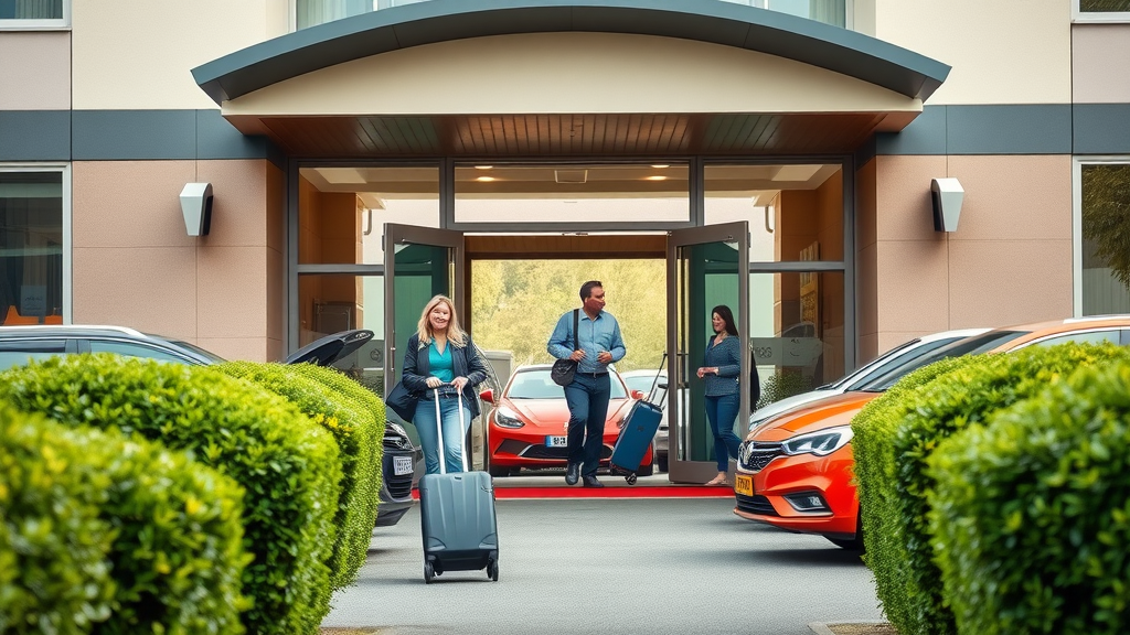 Guests unload at free parking hotel Plymouth, cheerful welcome scene.