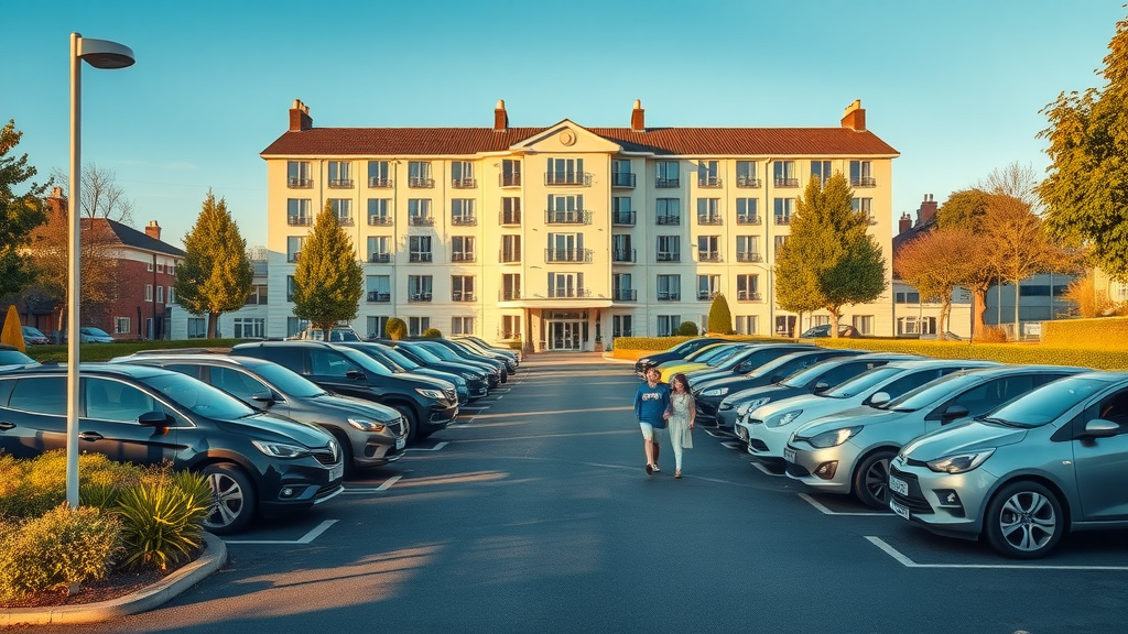 Sunlit hotel with busy free parking in Plymouth, family walking to entrance.