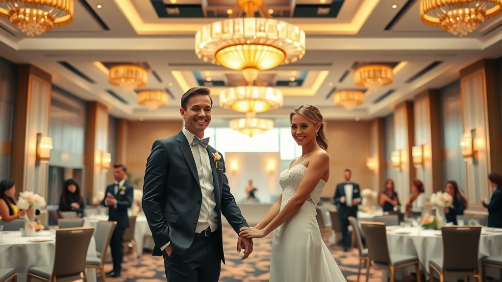 Elegant hotel wedding venue with joyous bride and groom, golden lighting