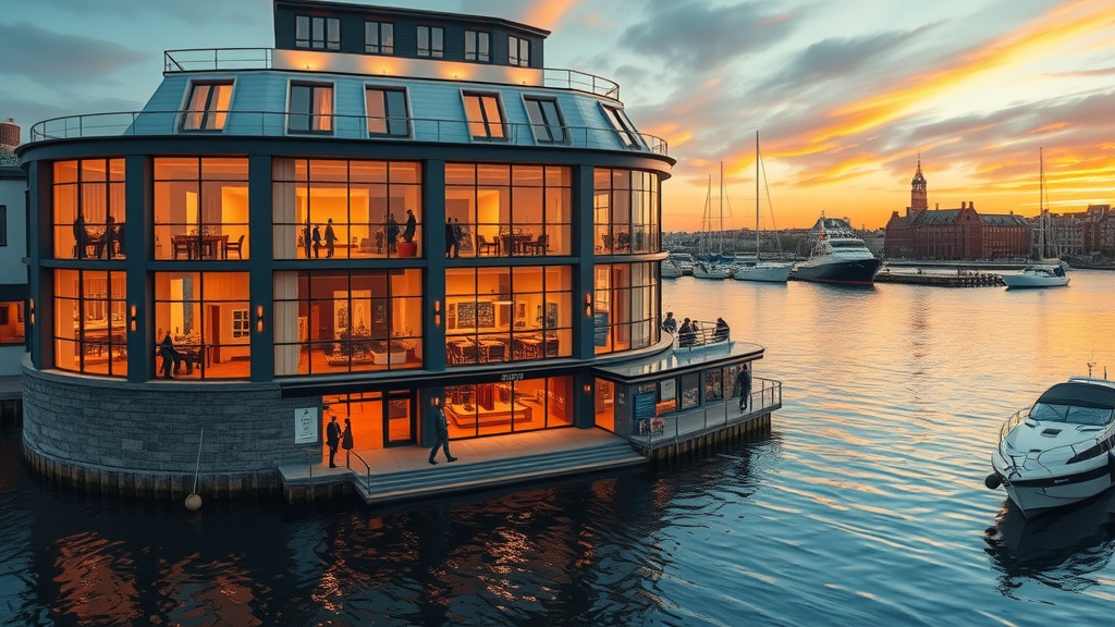 Elegant boutique hotel on Bristol harbourside at sunset with city reflections