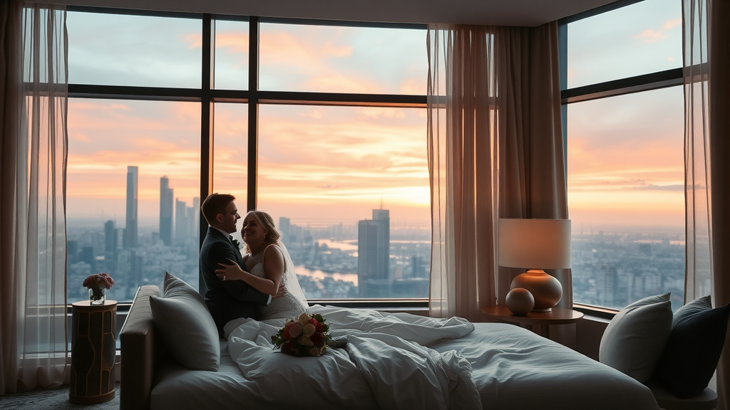 Newlyweds in romantic hotel wedding venue suite with city view at sunset