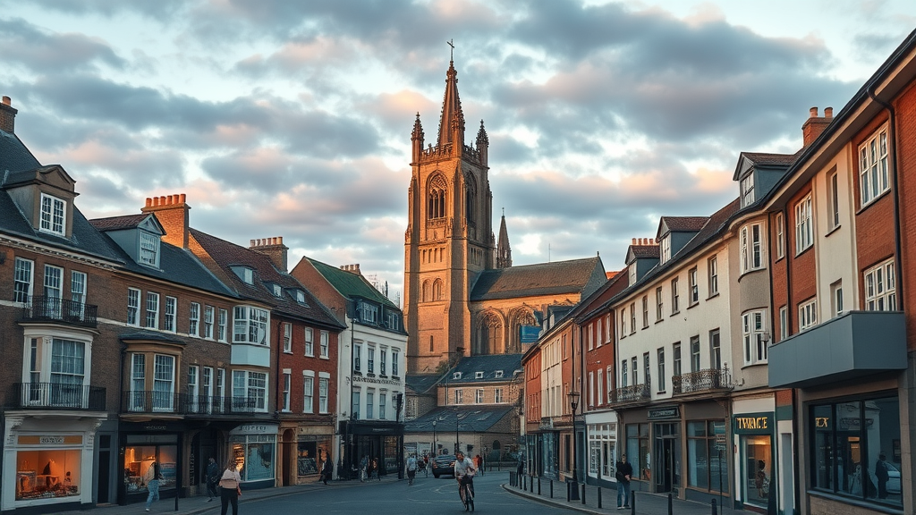Central Truro tourist base view with cathedral, historic streets, and lively scene